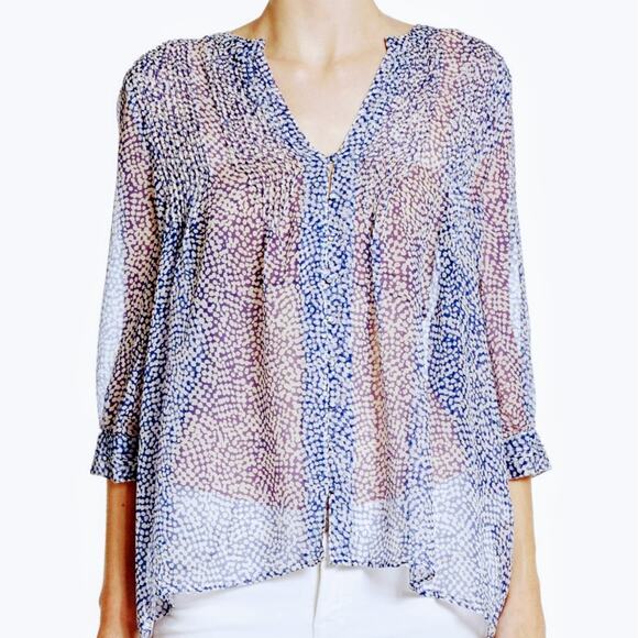 Joie Laurel Silk Blouse Deep Lapis Sheer 3/4 Sleeve Blue and White No Size Tag - Picture 1 of 6